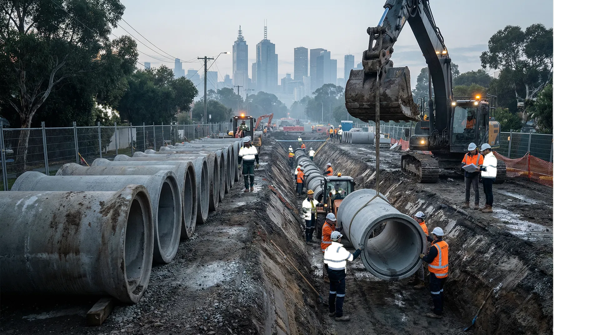 Large-scale civil pipeline installation at an urban construction site
