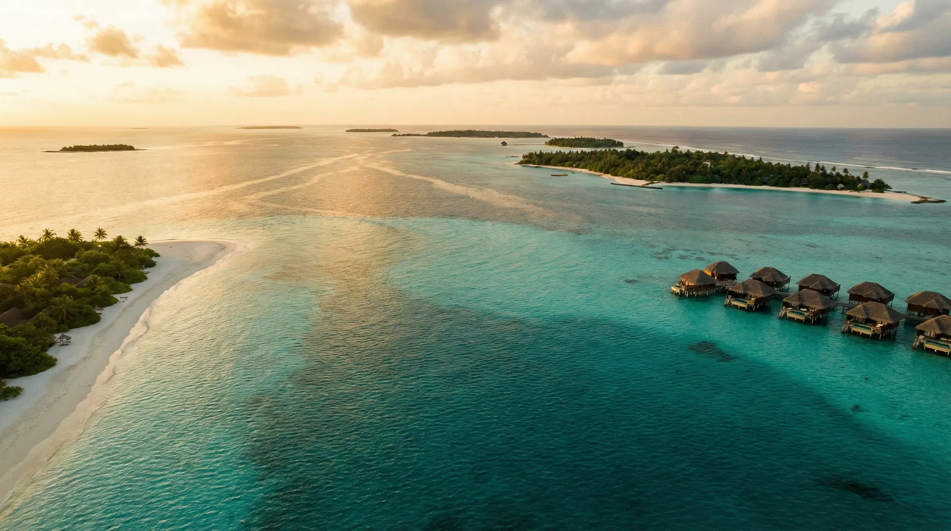 Aerial view of tropical archipelago at golden hour