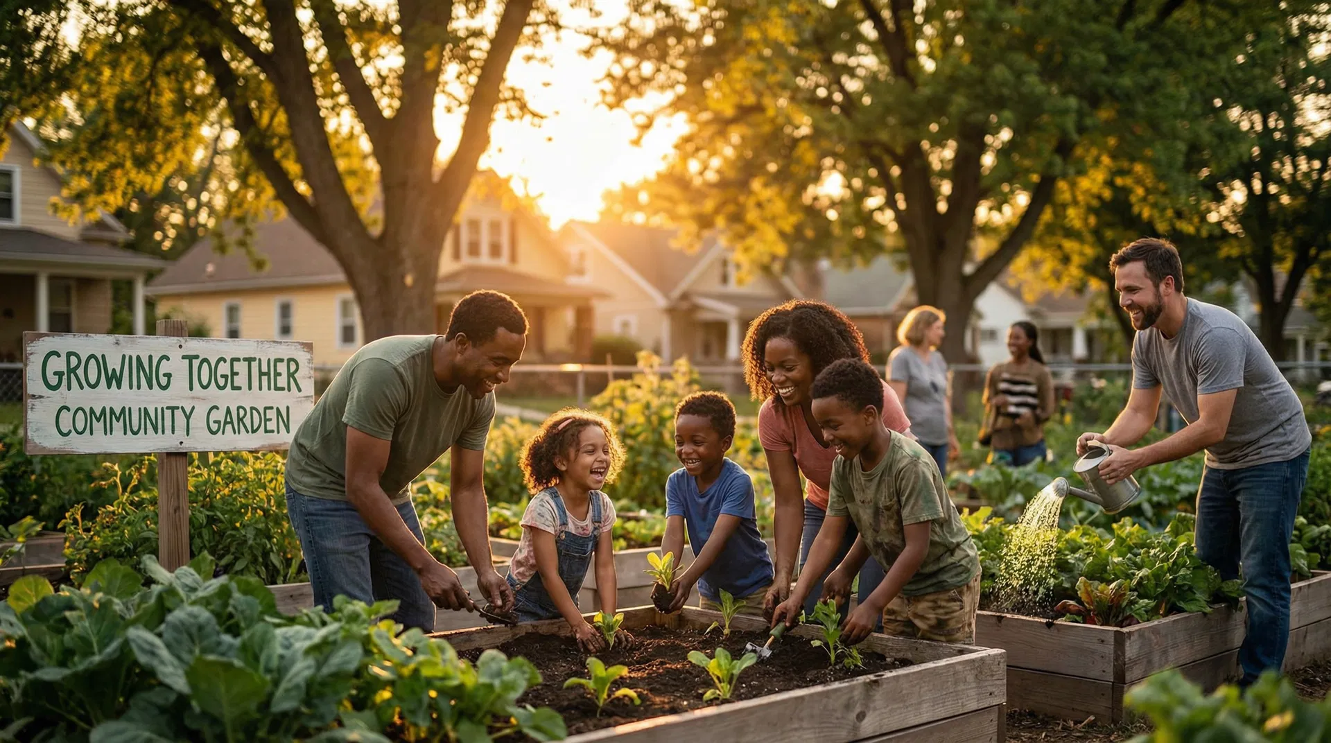 Community members working together in a garden
