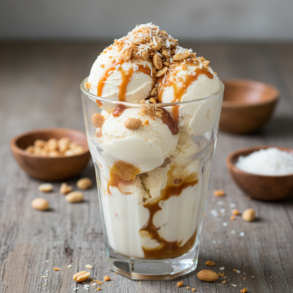 Foto da receita Sundae de Baunilha com Amendoim Caramelizado e Coco