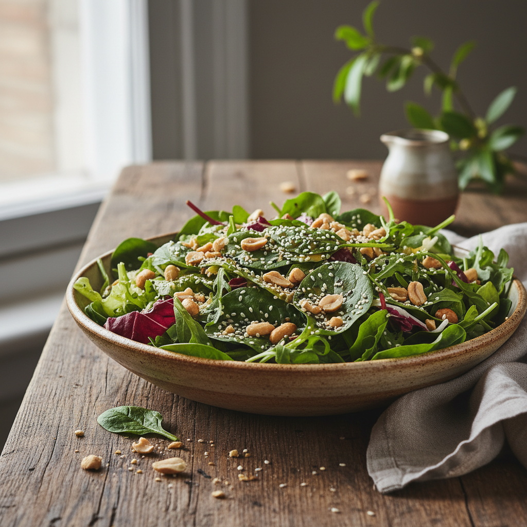 Foto da receita Salada de Folhas com Amendoim e Gergelim