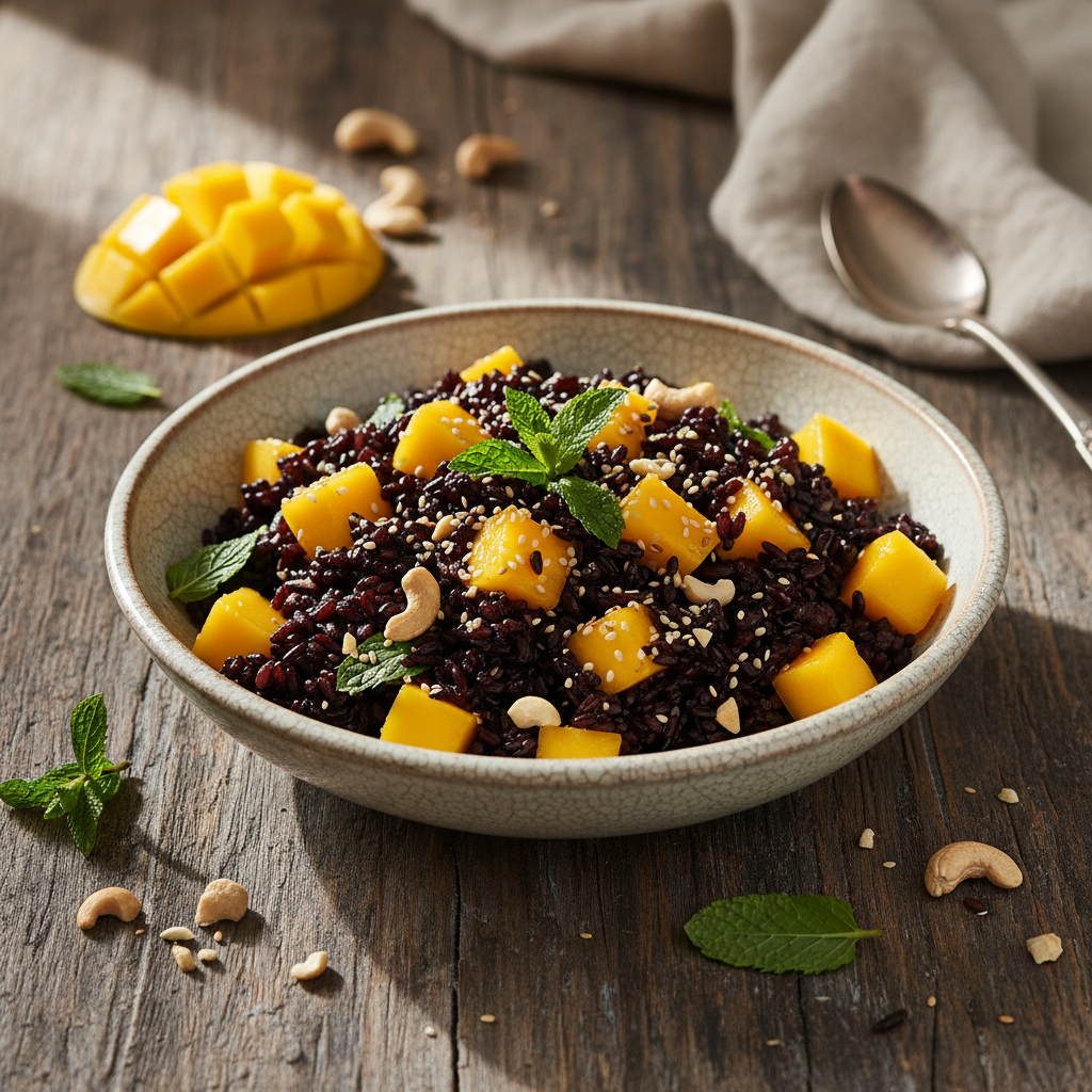 Foto da receita Salada de Arroz Preto com Manga e Castanhas