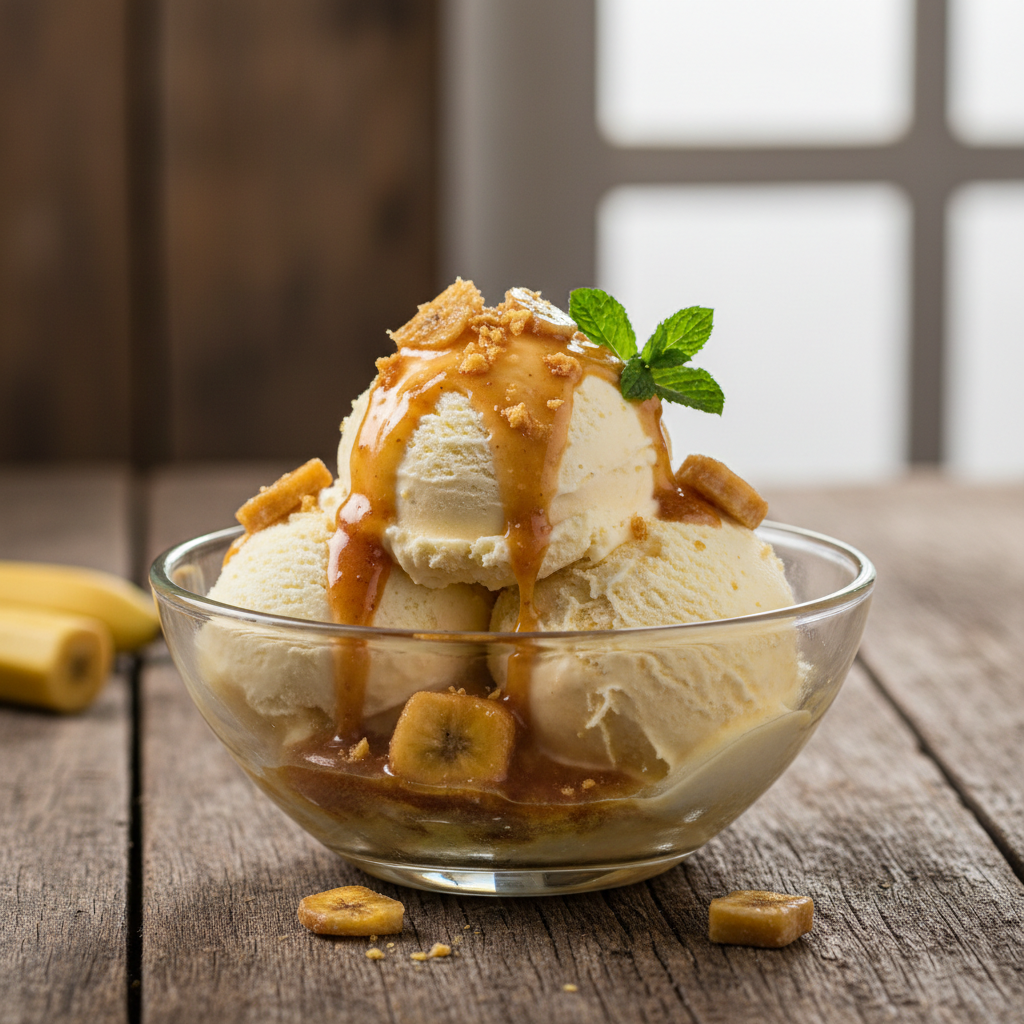 Foto da receita Sorvete de Creme com Calda de Bala de Banana