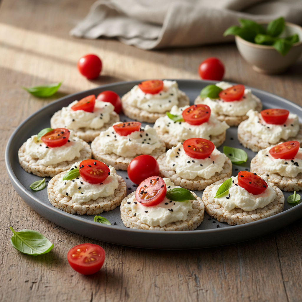 Foto da receita Canapés de Biscoito de Arroz com Cream Cheese e Tomatinho