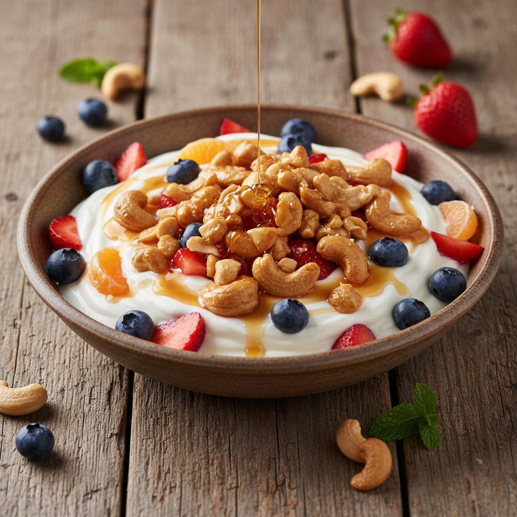 Foto da receita Iogurte com Castanha de Caju Caramelizada e Frutas