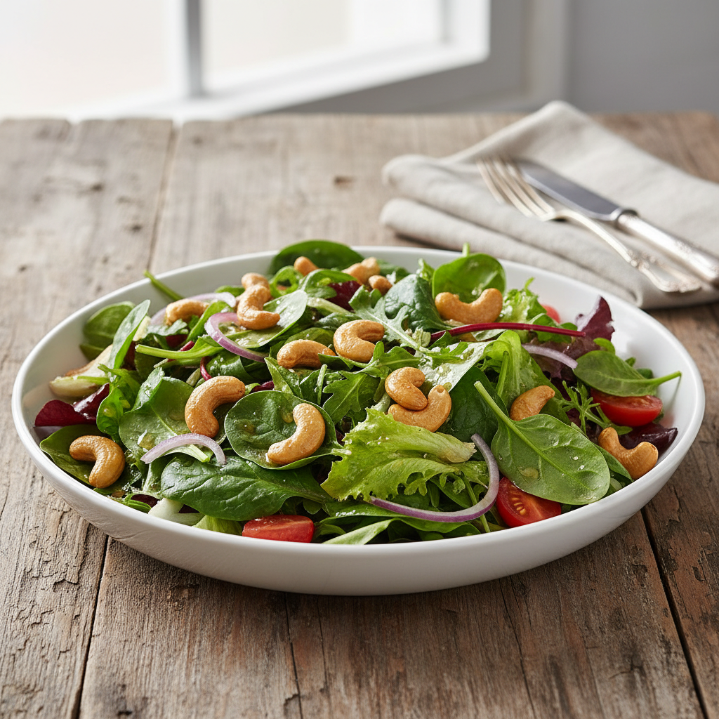Foto da receita Salada de Folhas com Castanha de Caju Caramelizada