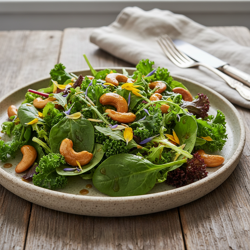 Foto da receita Salada de Folhas com Castanha de Caju Caramelizada