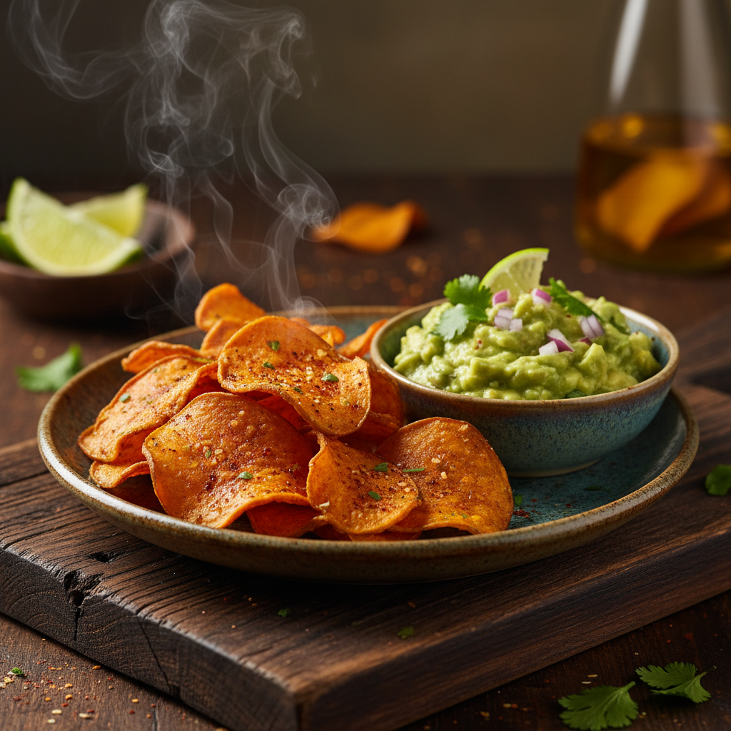 Foto da receita Chips de Batata Doce com Páprica e Guacamole