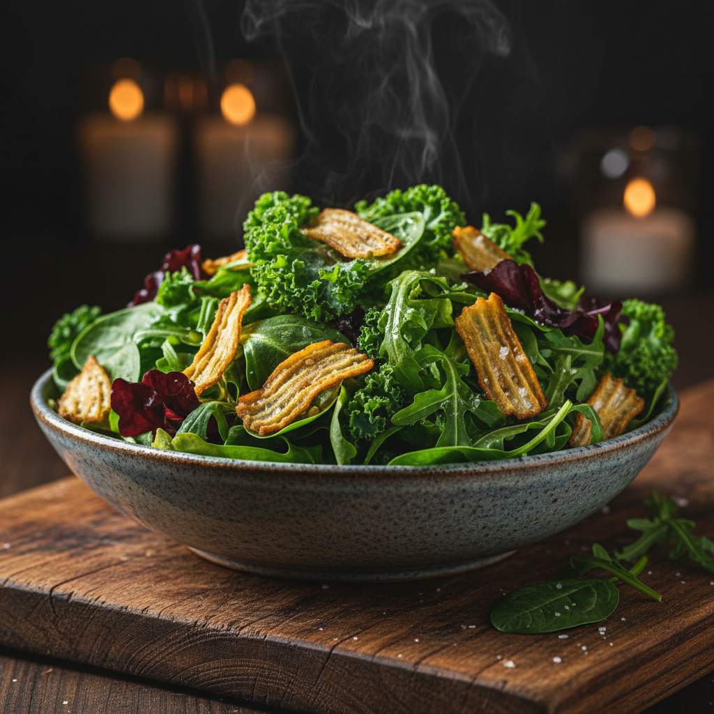 Foto da receita Salada de Folhas com Chips de Quiabo