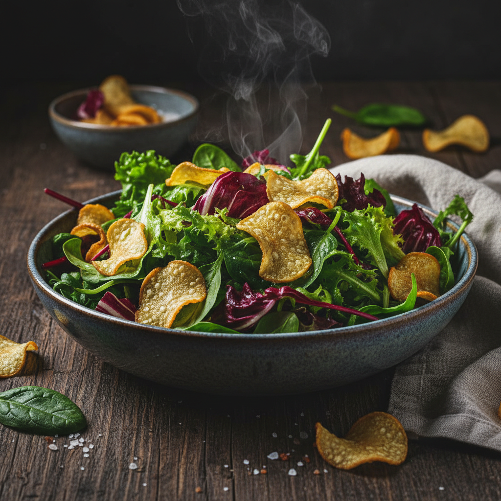 Foto da receita Salada de Folhas com Crocante de Chips de Mandioca