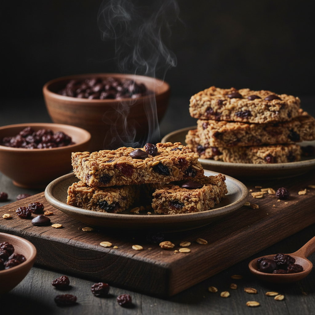 Foto da receita Barrinhas de granola com drageado de uva passa e chocolate