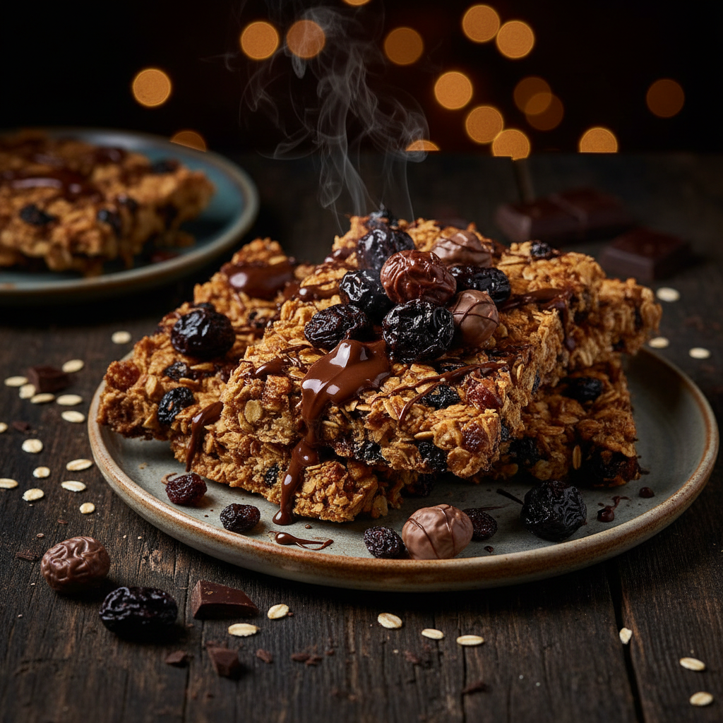 Foto da receita Barrinhas de Aveia com Drageado de Uva Passa e Chocolate