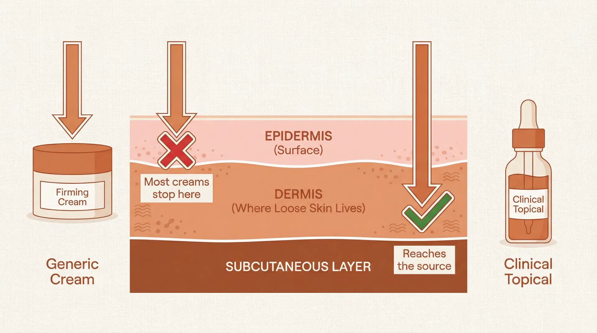 Diagram showing how generic firming creams stop at the epidermis