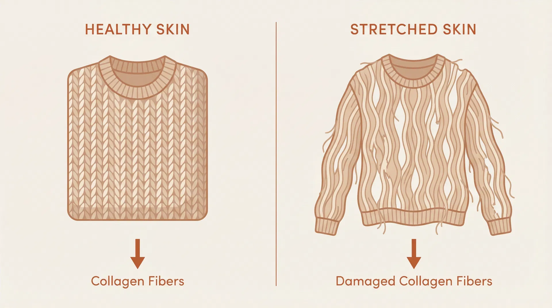 Illustration comparing healthy vs damaged collagen fibers