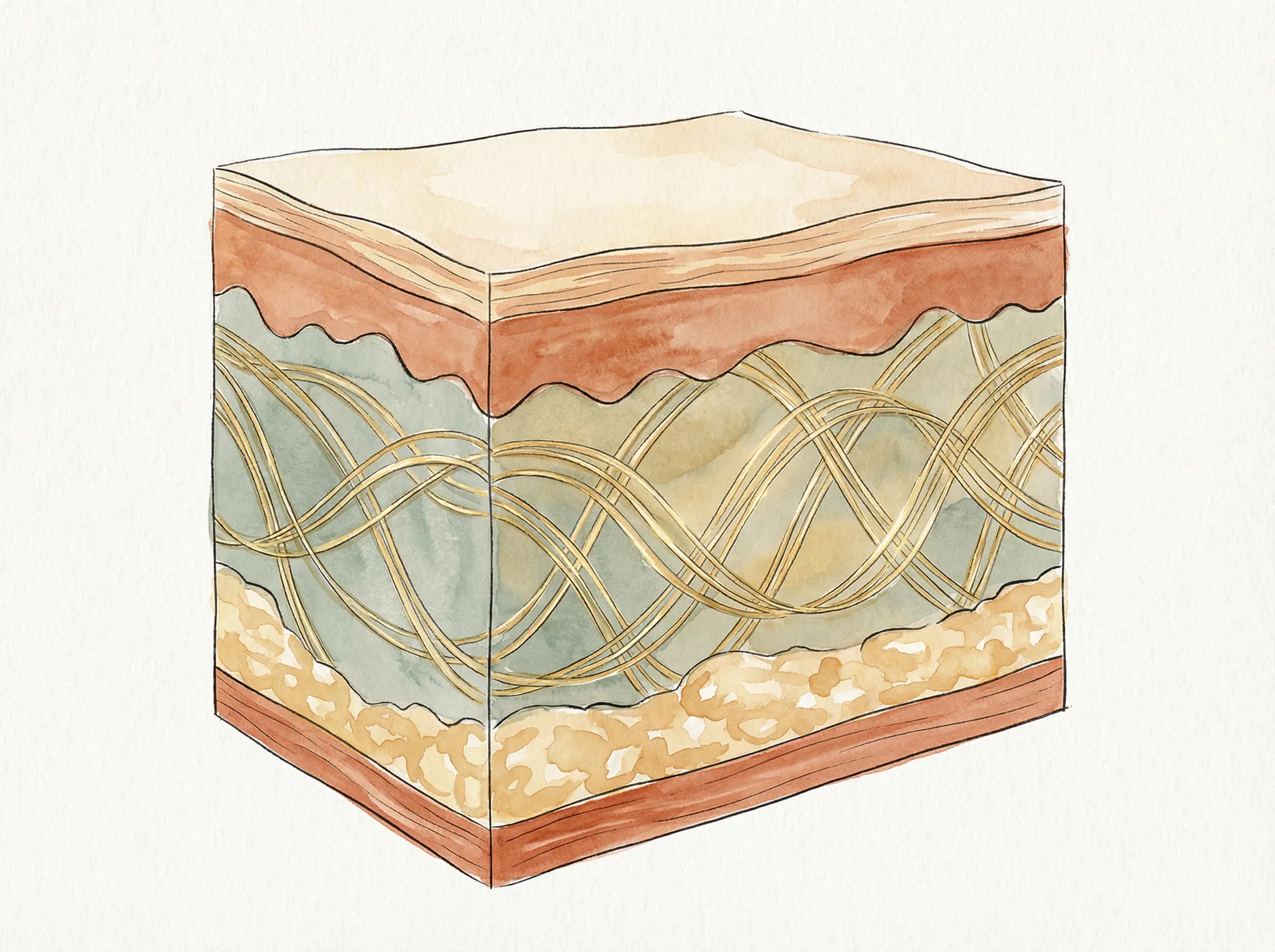 Illustration of skin layers showing collagen and elastin fibers in the dermis