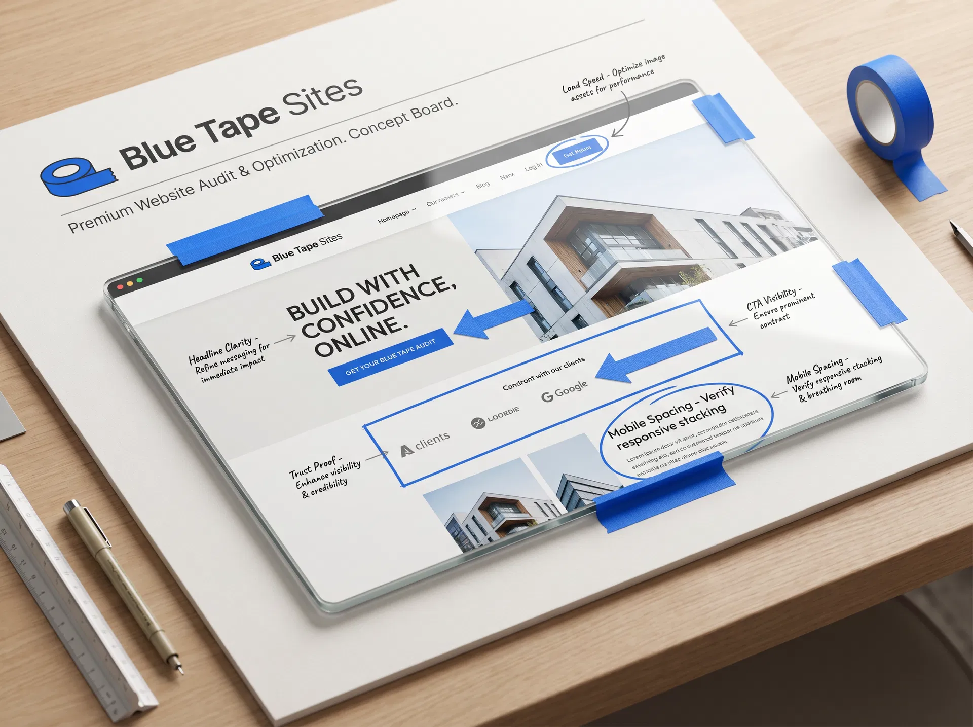 Website audit board with blue tape callouts and markup notes