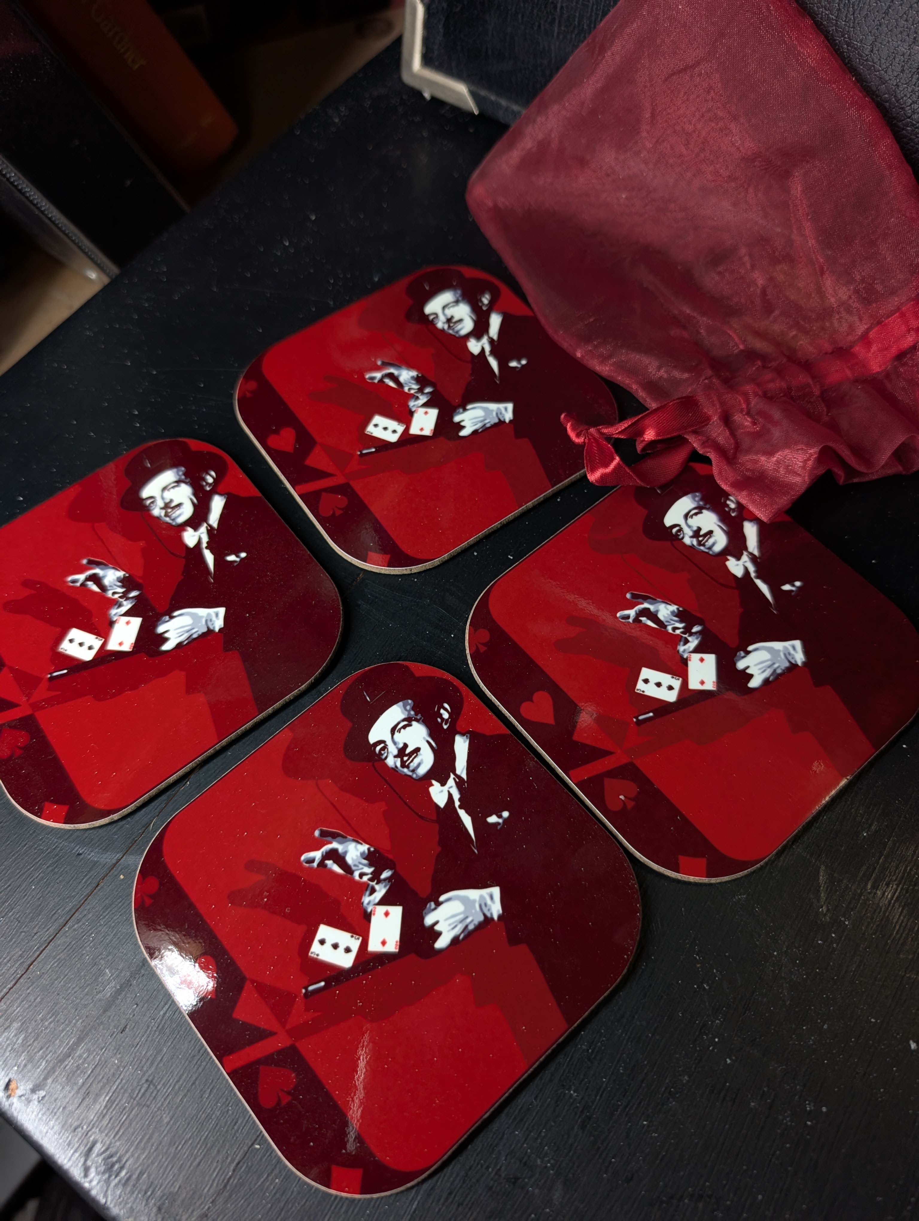 Vintage Style Cardini Magician Coasters Set of 4 Red Card Game Barware Gift