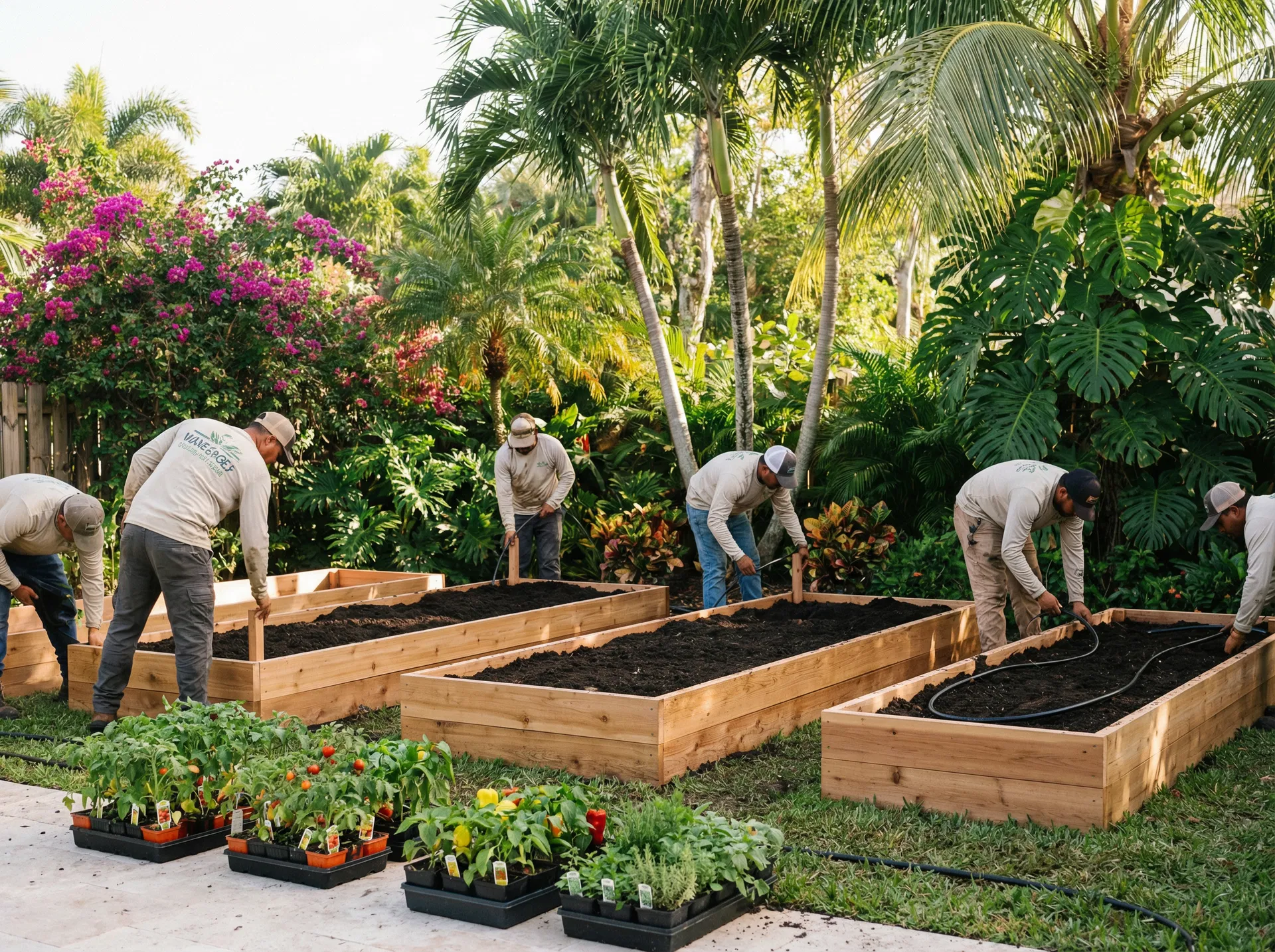 Professional edible garden installation with raised beds and fresh plantings in Boca Raton
