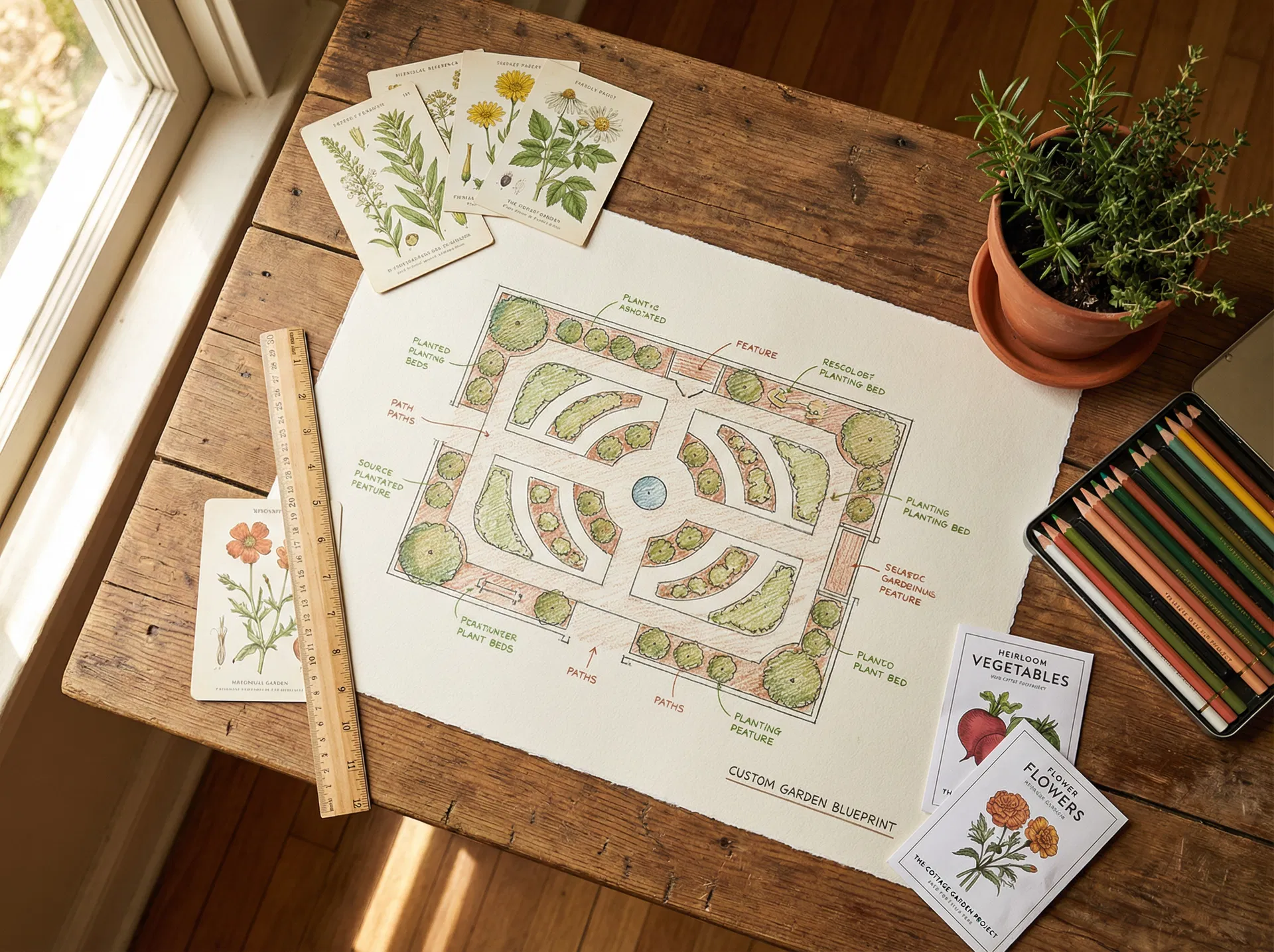 Custom edible garden design plan with visual plant layout mockup