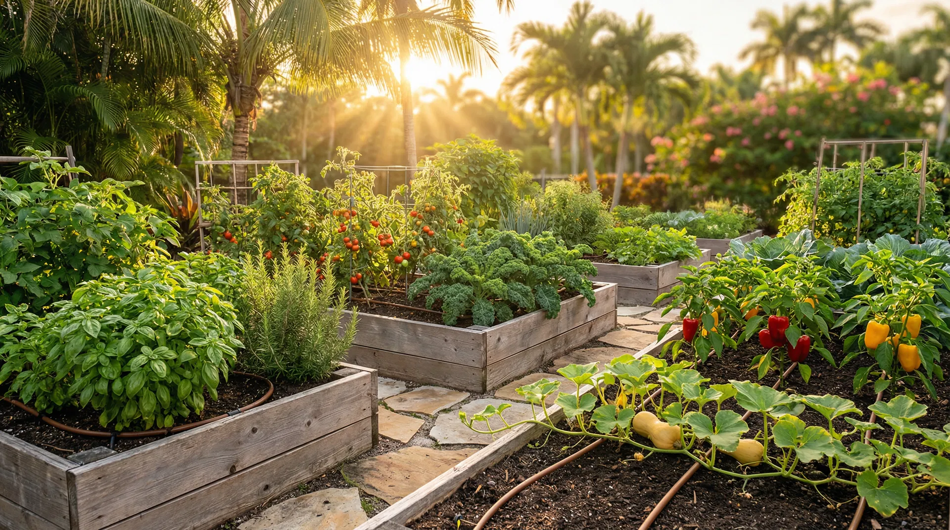 Lush edible garden with raised cedar beds, tropical fruit trees, and fresh vegetables growing in a sunny South Florida backyard
