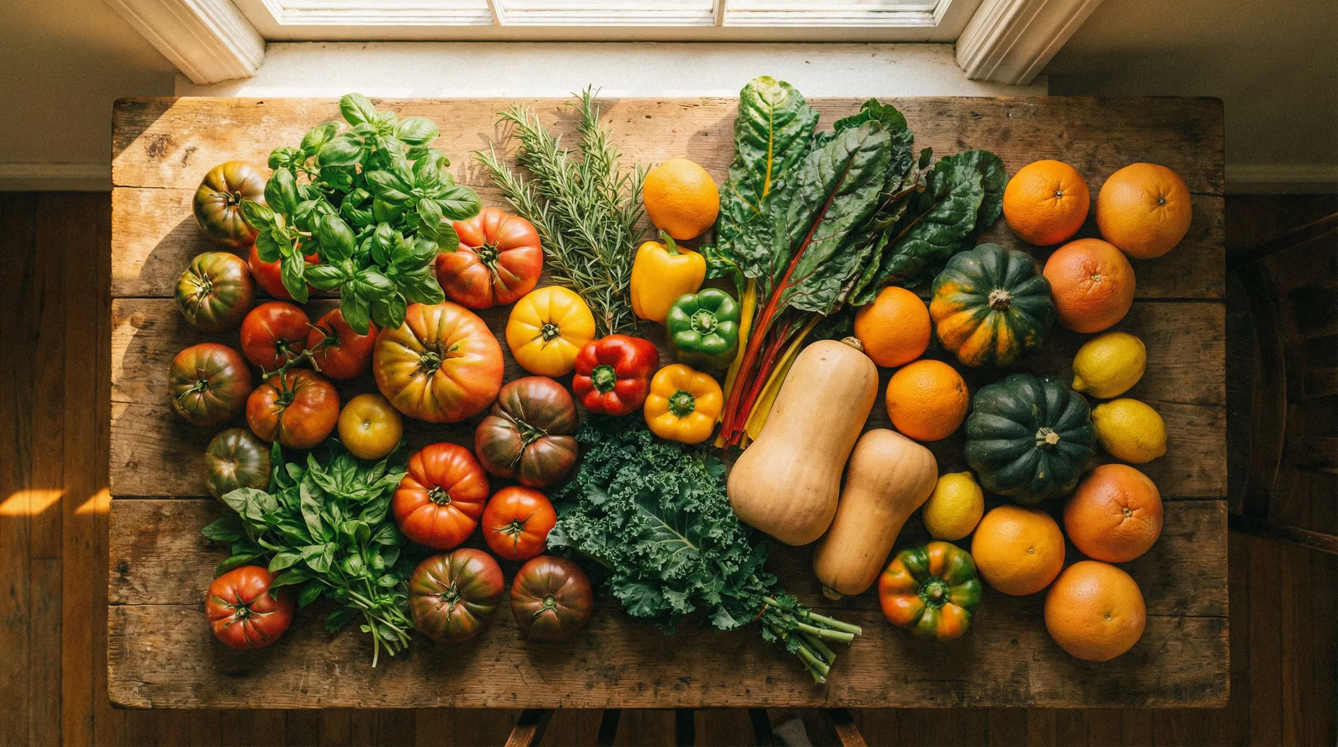 Fresh homegrown vegetables and herbs from a backyard edible garden