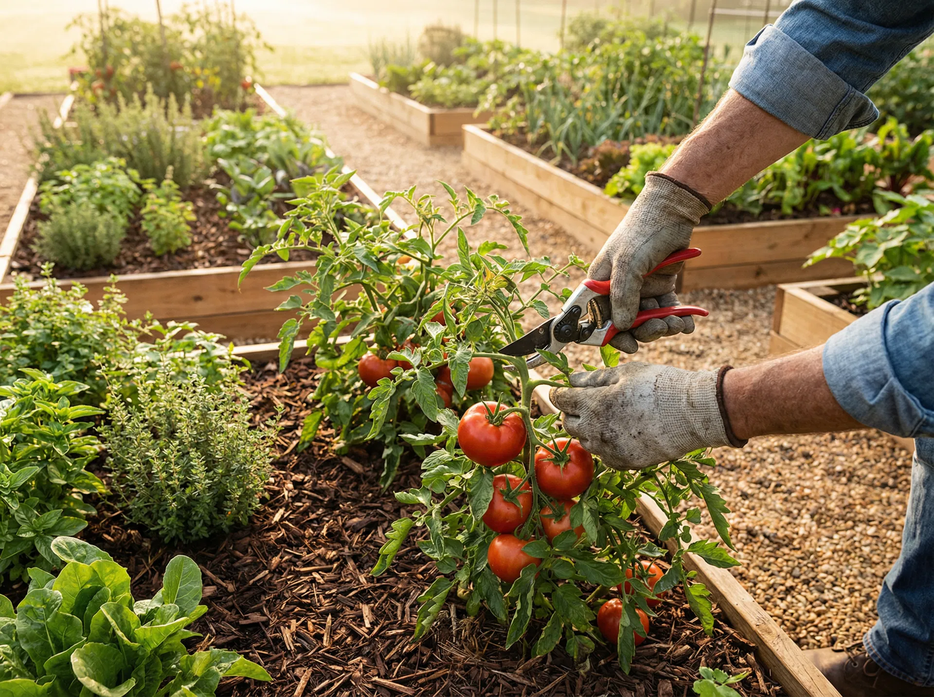 Garden maintenance technician tending to a raised bed vegetable garden