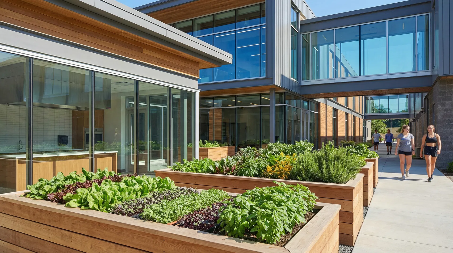 Edible nutrition garden at a sports training facility with raised beds of leafy greens and herbs