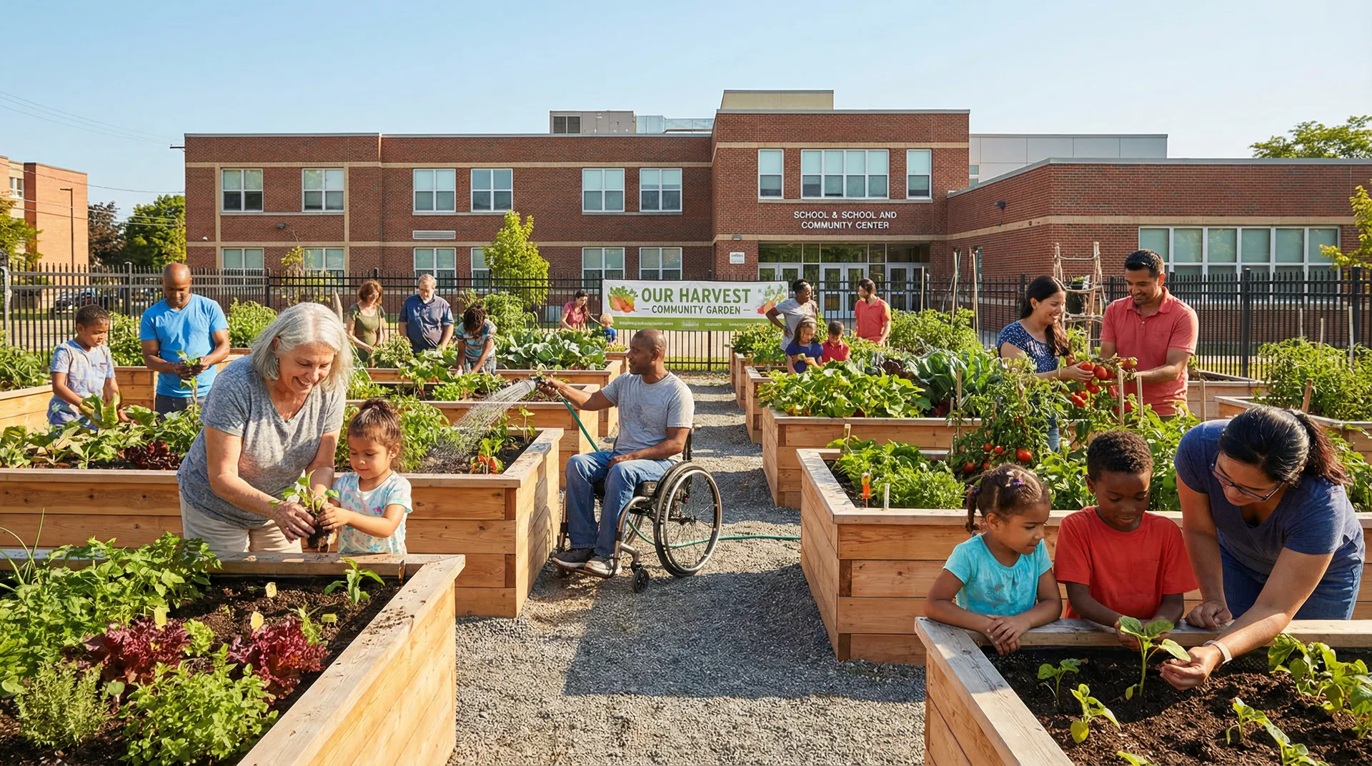 Community members working together in a shared raised bed edible garden