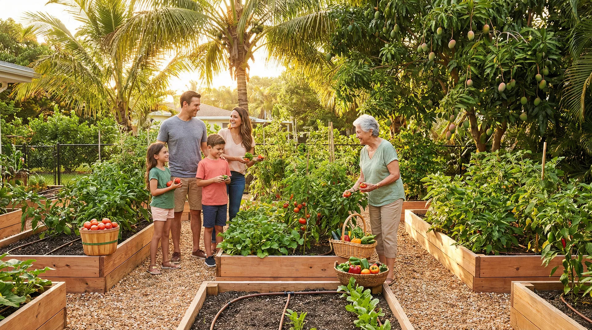 Homeowner harvesting fresh vegetables from raised bed edible garden in a South Florida backyard