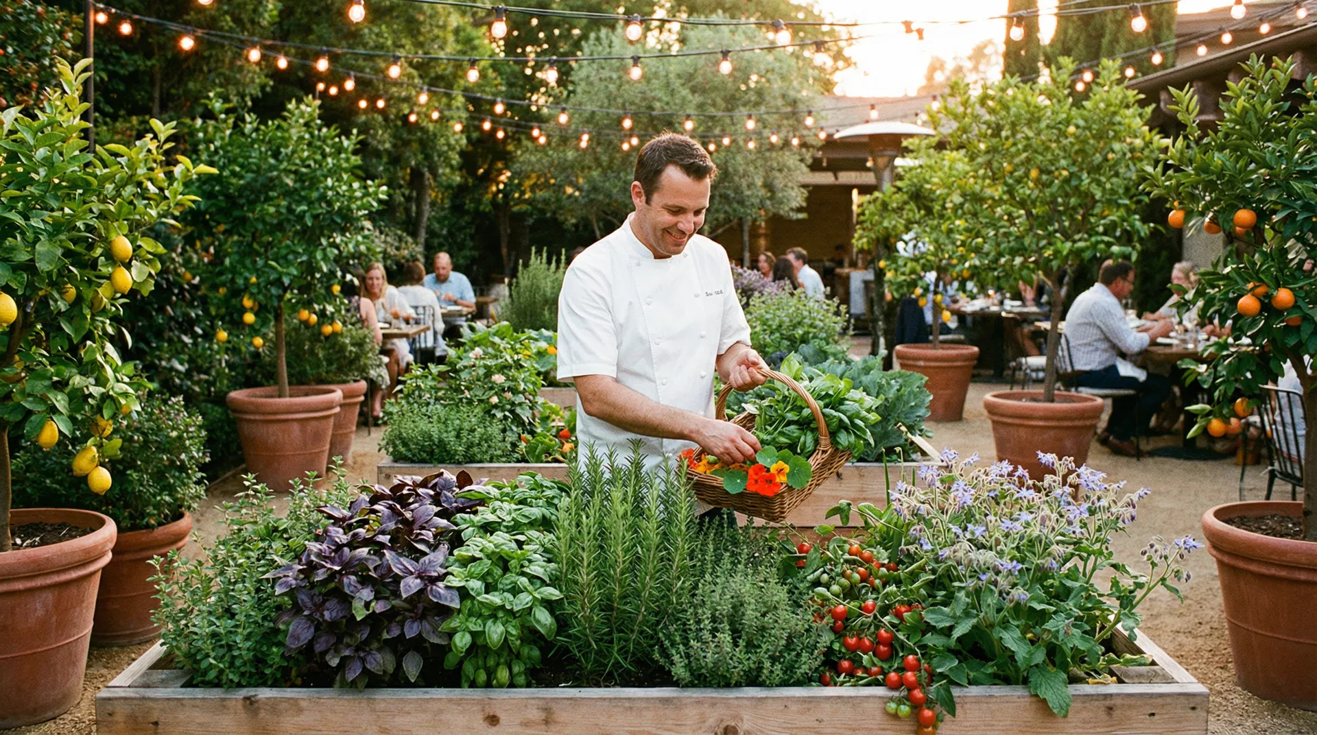 Chef harvesting fresh basil from an on-site restaurant herb garden