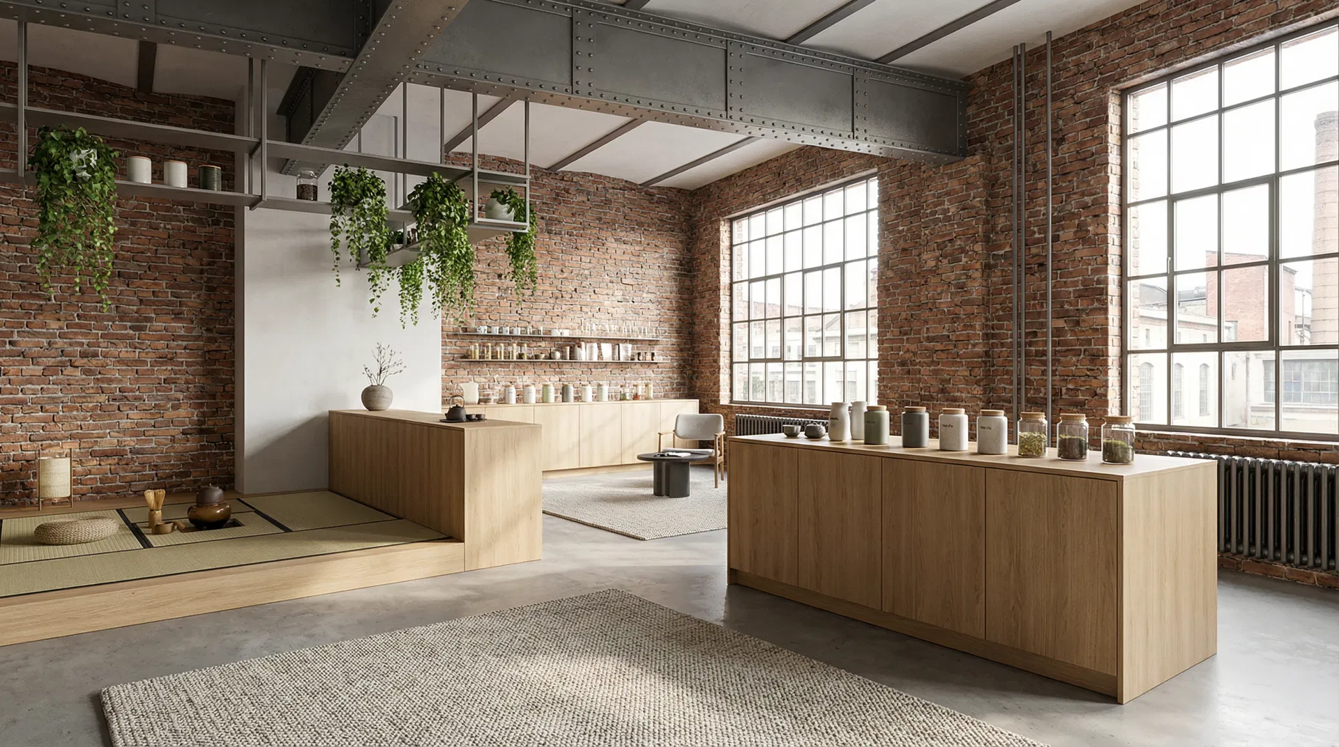 Čajovna v Holešovicích — moderní minimalistický prostor v přebudované industrialní budově