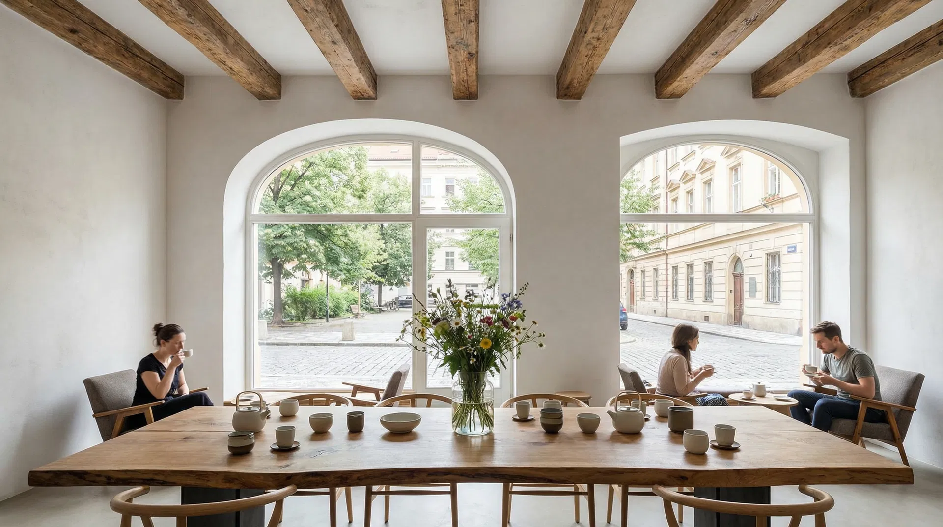 Tea Mountain Karlín — elegantní čajovna s dřevěnými trámy a výhledem na stromové aleje