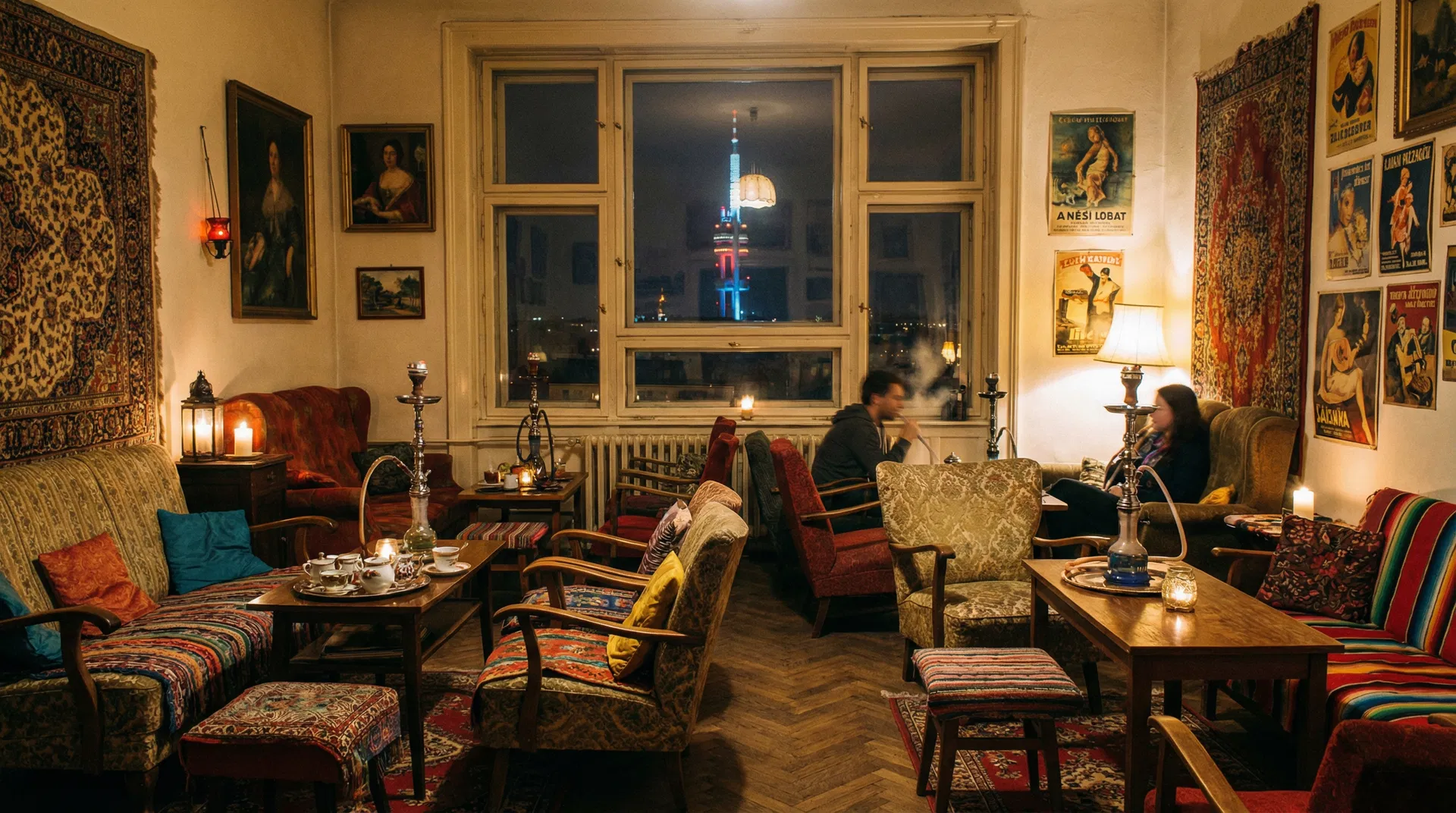 Čajovna na Žižkově — bohémský interiér s vodními dýmkami a výhledem na Žižkovský vysilatel
