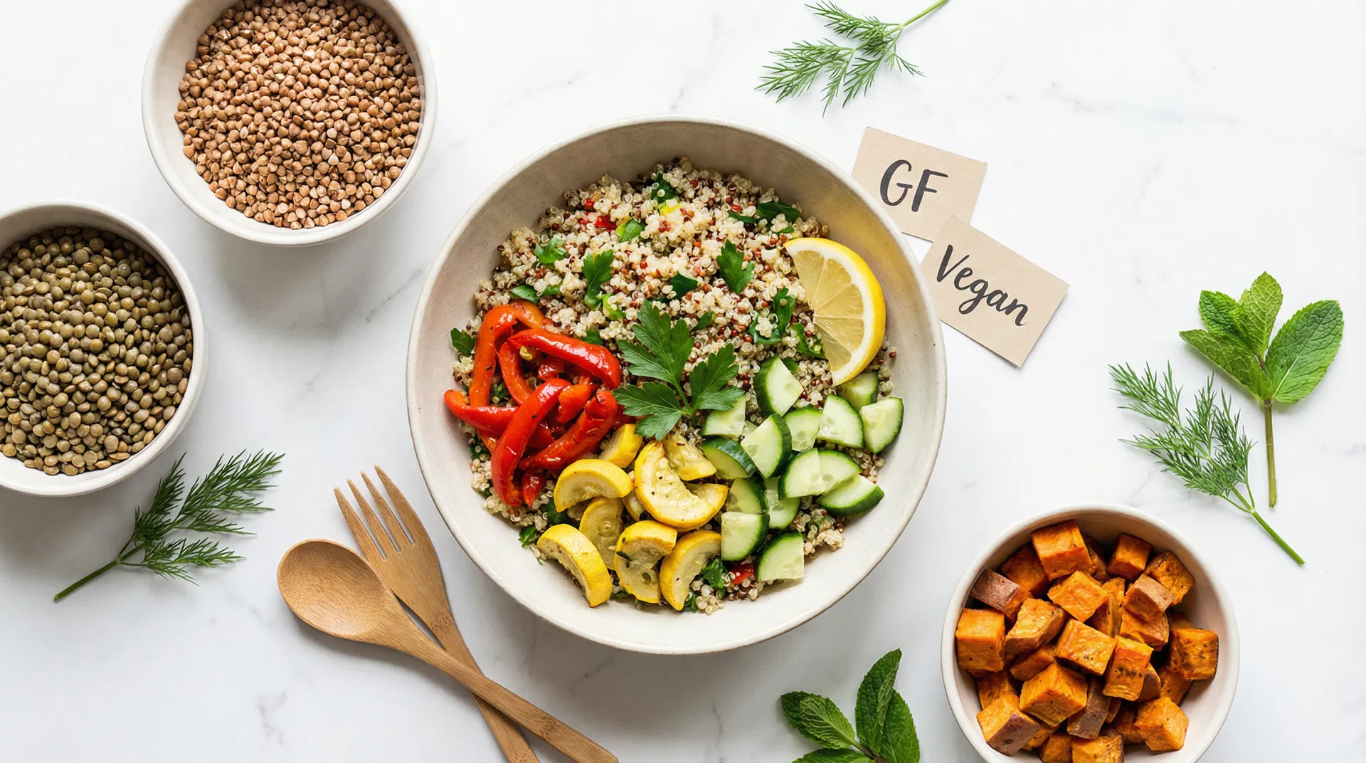 Bezlepkové veganské jídlo — barevné misky se zeleninou a quinoou