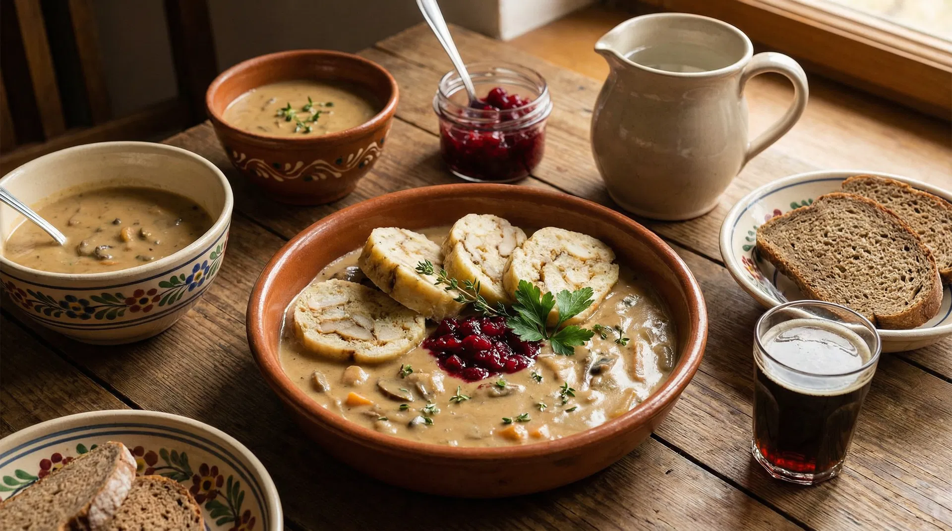 Tradiční česká veganská jídla — svíčková z celeru, houbový guláš