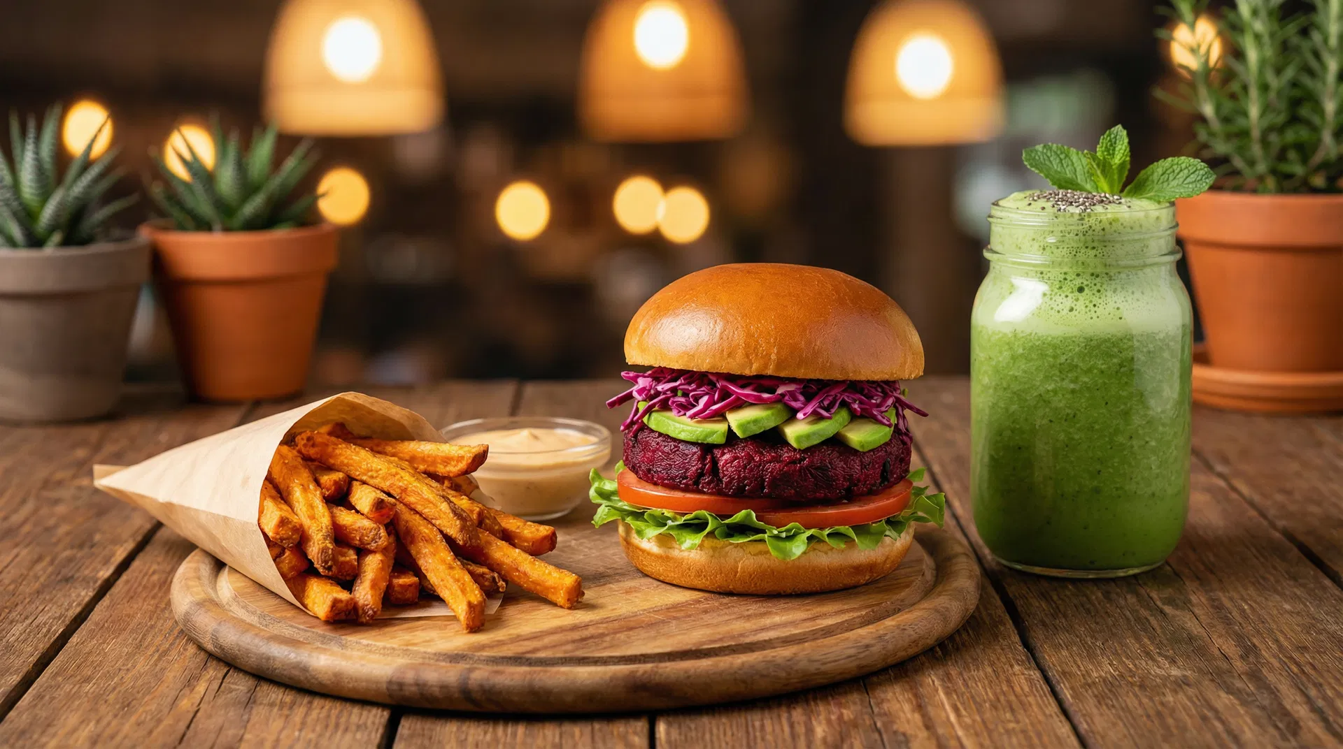 Veganský burger a hranolky na dřevěném prkně