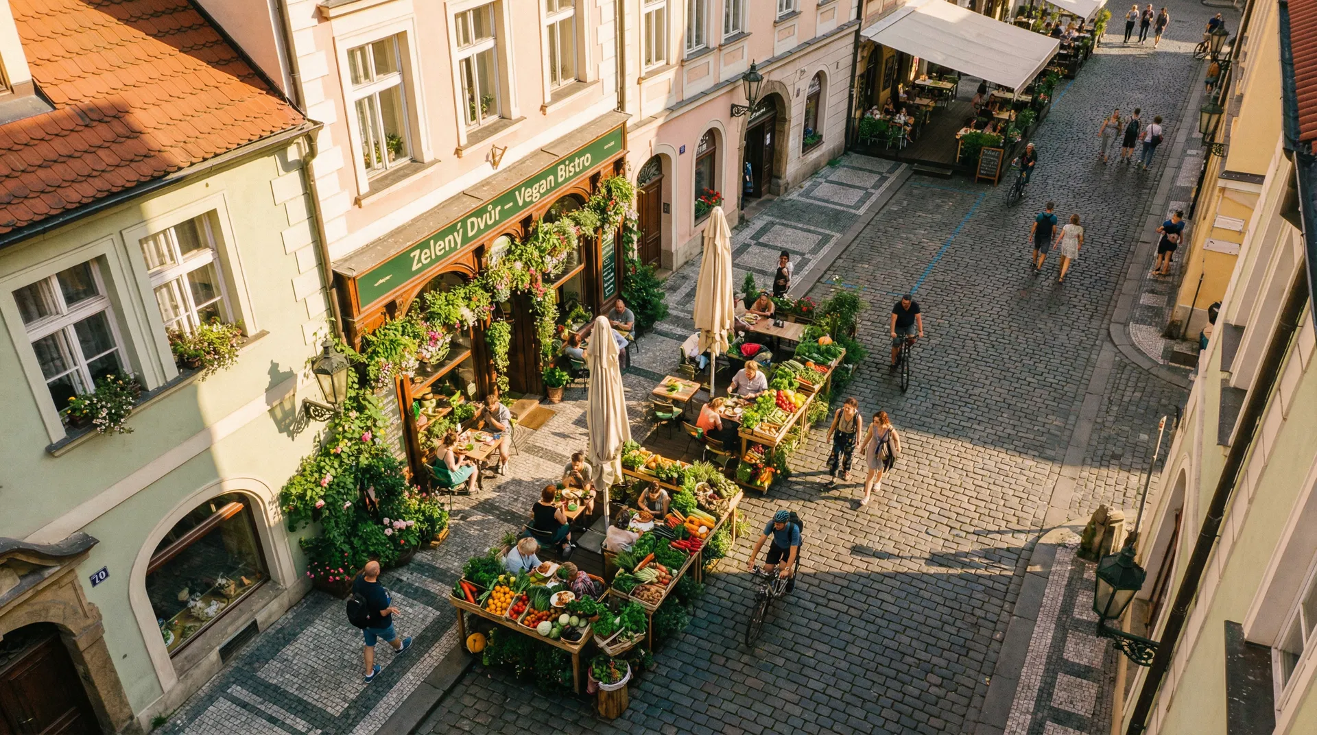 Pohled na Prahu z ptáčí perspektivy — střechy a parky