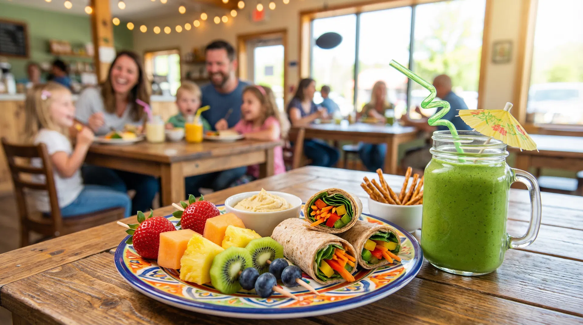 Rodina u stolu s barevnými vegetariánskými jídly