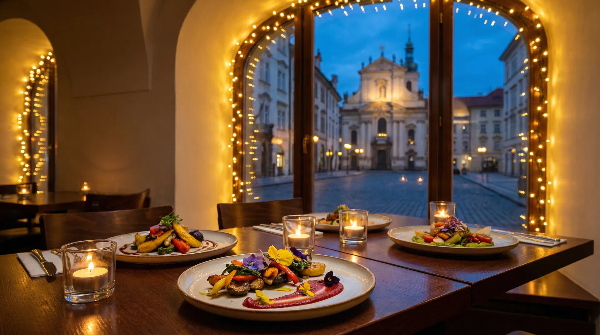 Veganské jídlo v pražské restauraci — barevné misky se zeleninou