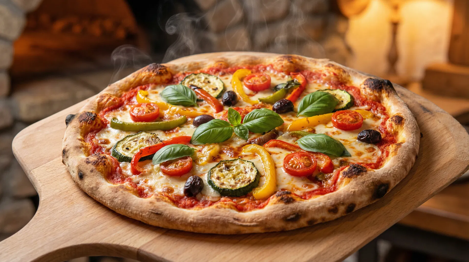 Veganská pizza s barevnými toppingy na dřevěném prkně