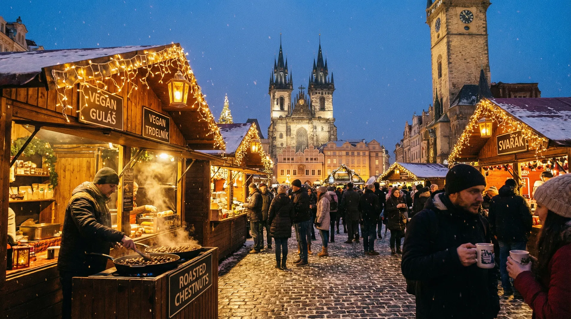 Veganské jídlo na adventním trhu — teplou polevá a pečené kaštany
