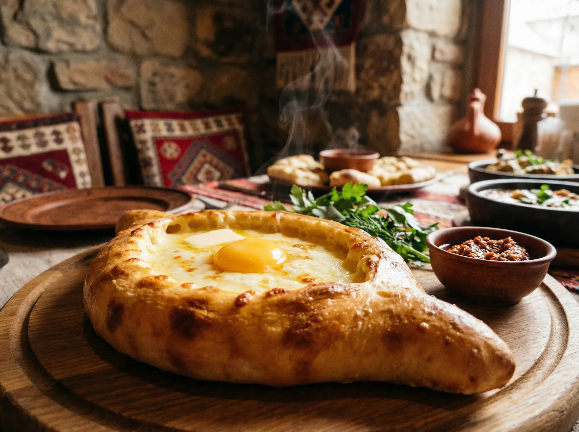 Adžarský chačapuri — gruzínský chlebový člun s roztaveným sýrem a žloutkem