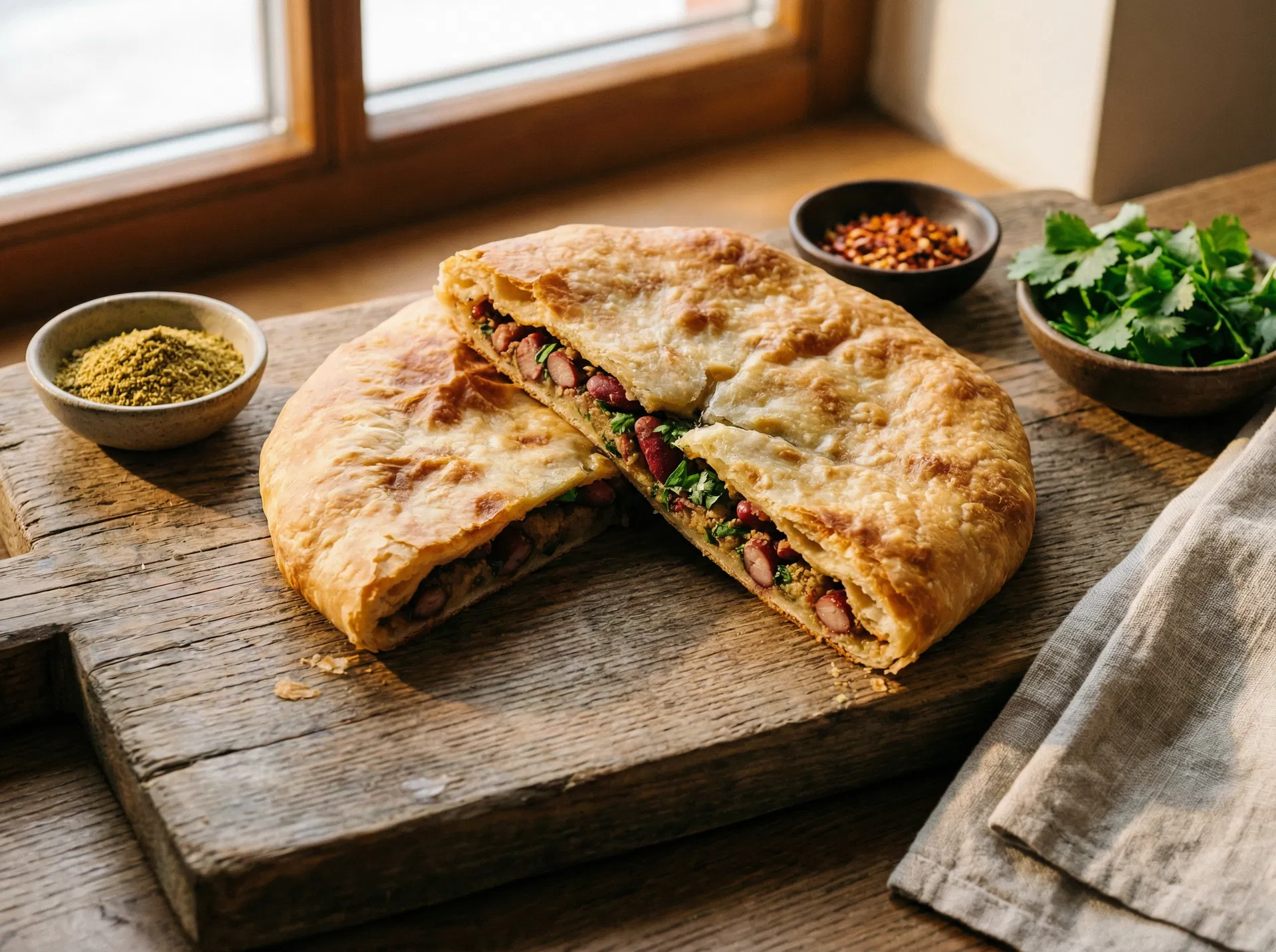 Gruzínský lobiani — kulatý chléb plněný kořeněnými fazolemi, přeříznutý napůl