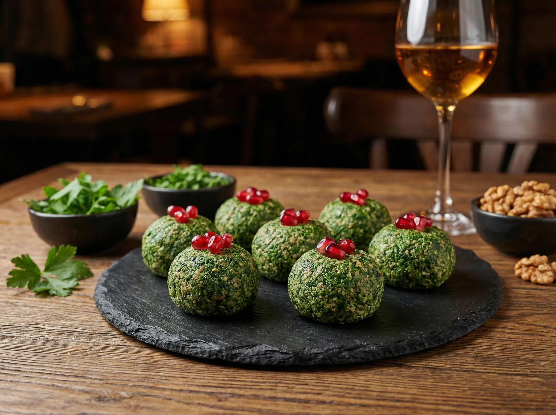 Gruzínské pchali — sytě zelené kuličky ze špenátu a vlašských ořechů zdobené granátovým jablkem