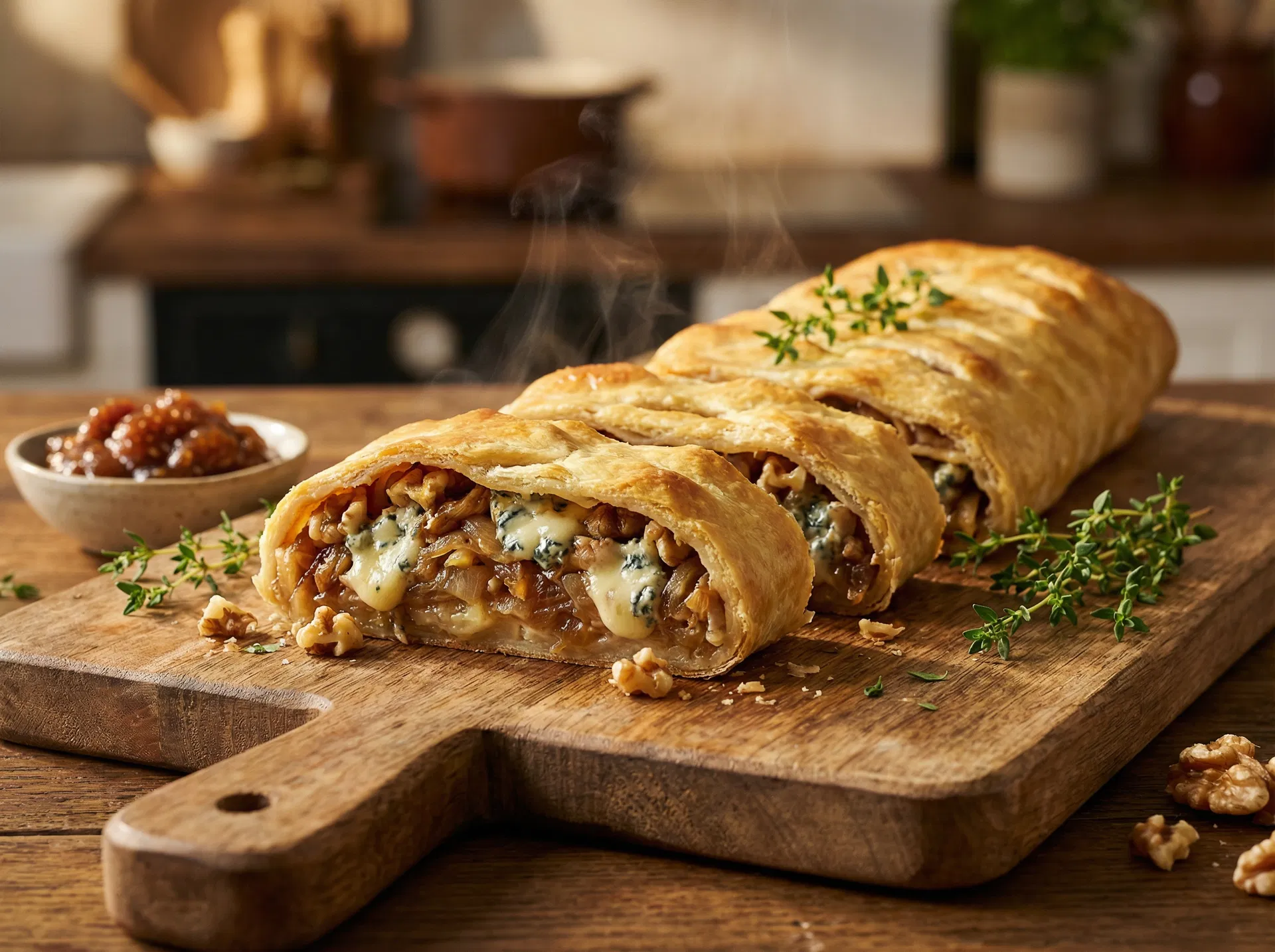 Zlatavý štrůdl s modrým sýrem, karamelizovanou cibulí a vlašskými ořechy