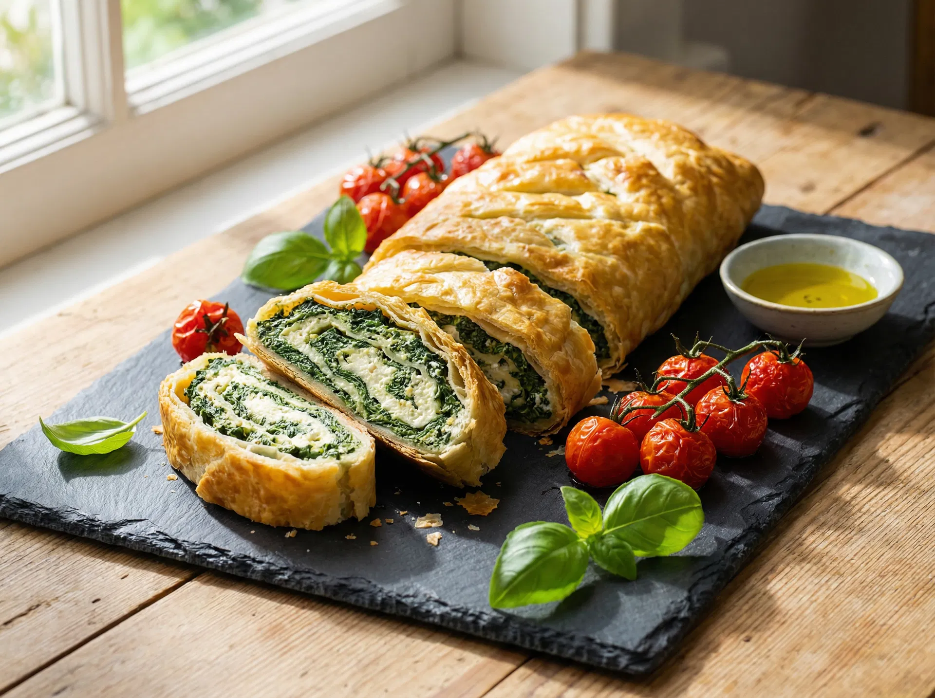 Štrůdl se špenátem a ricottou na břidlicovém prkénku s cherry rajčátky a bazalkou