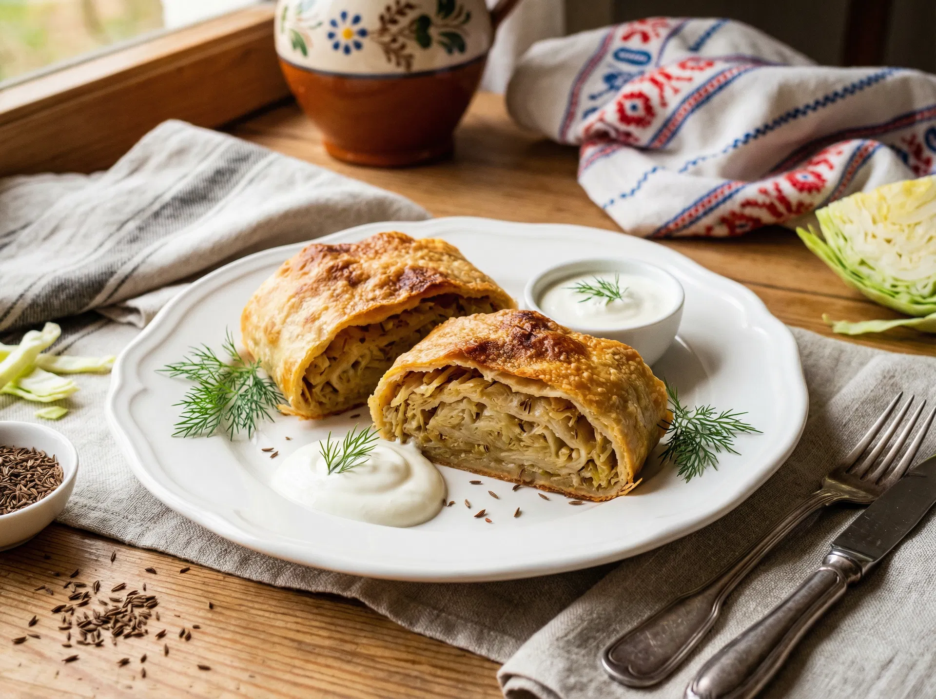 Zlatavý štrůdl se zelím a kmínem, podávaný s kysanou smetanou a koprem