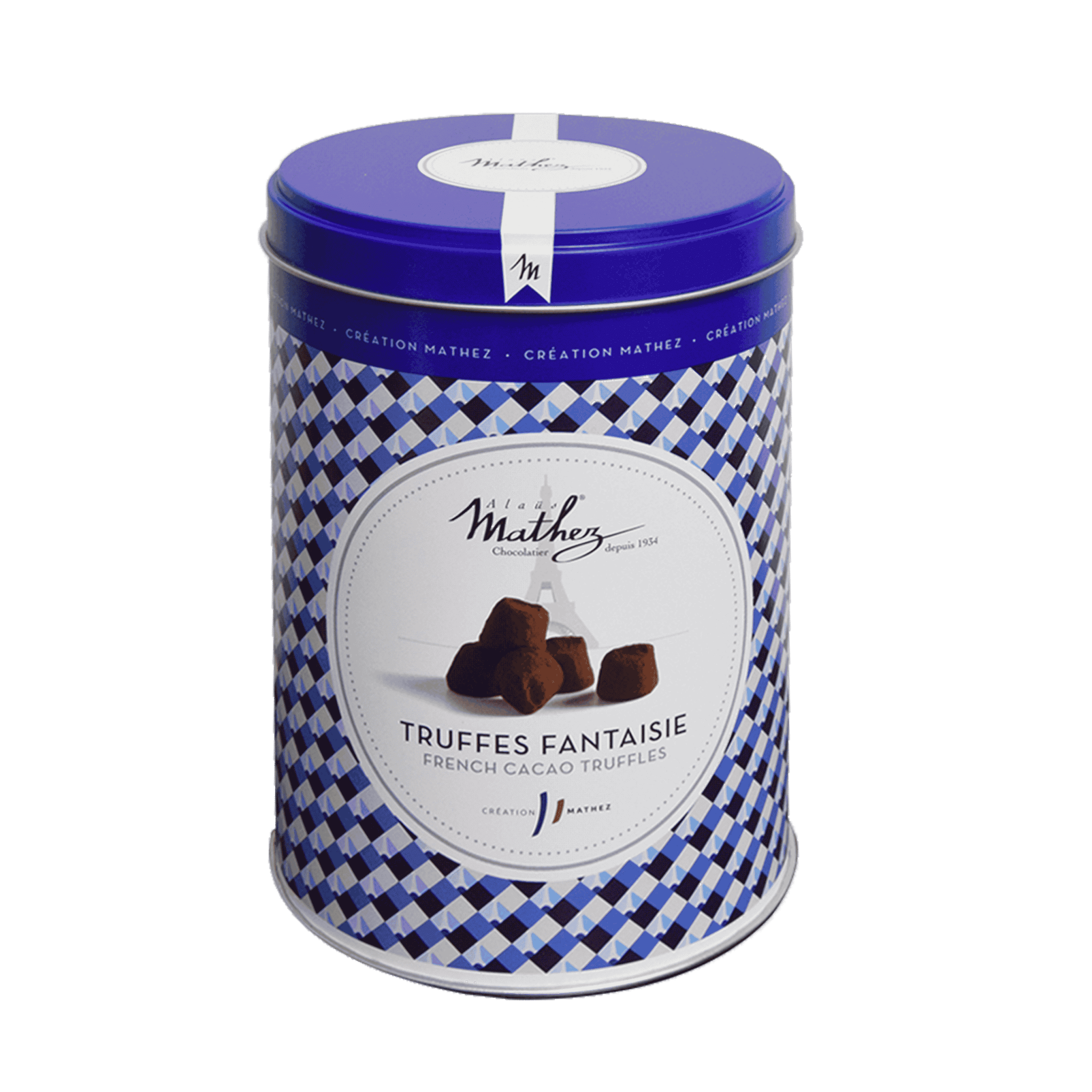 Kakaové lanýže, plechový válec Vintage Blue, Mathez