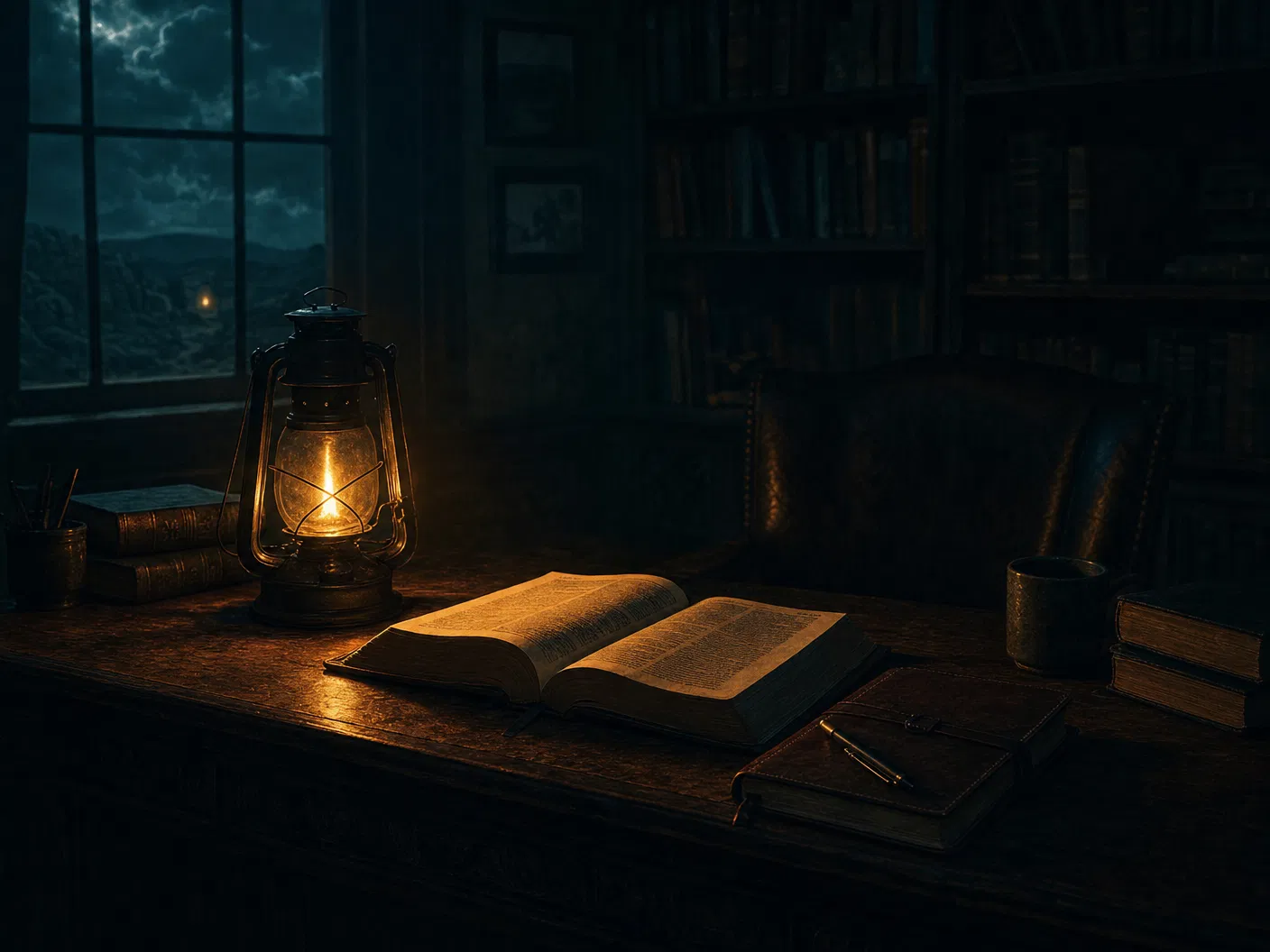A pastor's study illuminated by a warm lantern