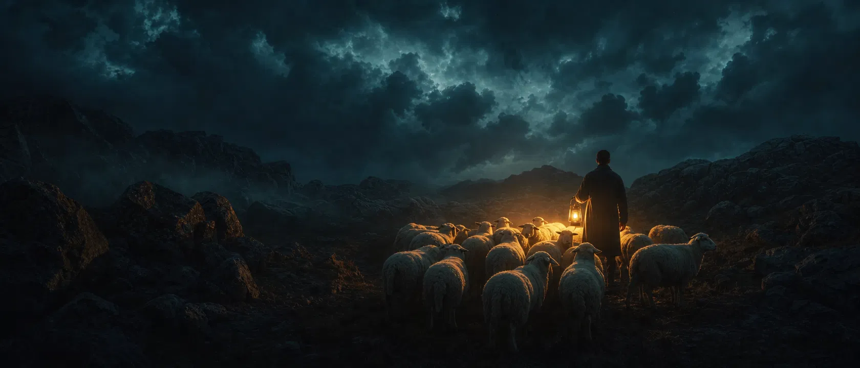 Shepherd guiding flock through darkness with a lantern